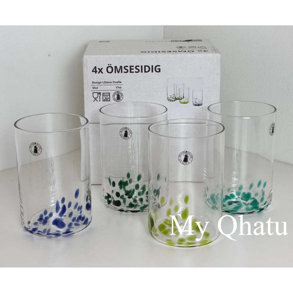 IKEA OMSESIDIG 4pk Glass Set Handmade 17oz Colorful Dots New discontinued